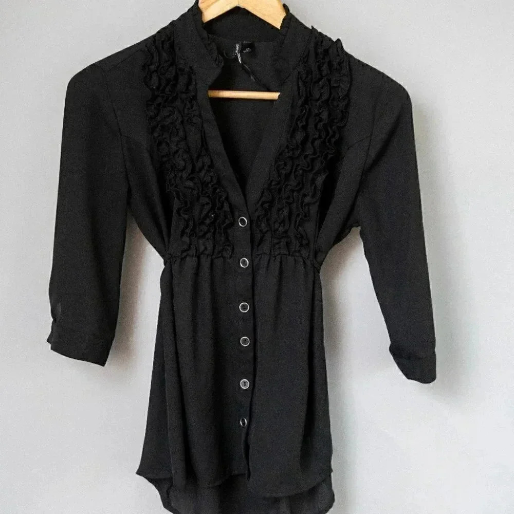 Love Haight | SEMI SHEER  TOP WITH FRILL DETAIL AROUND THE NECK | Black | XS